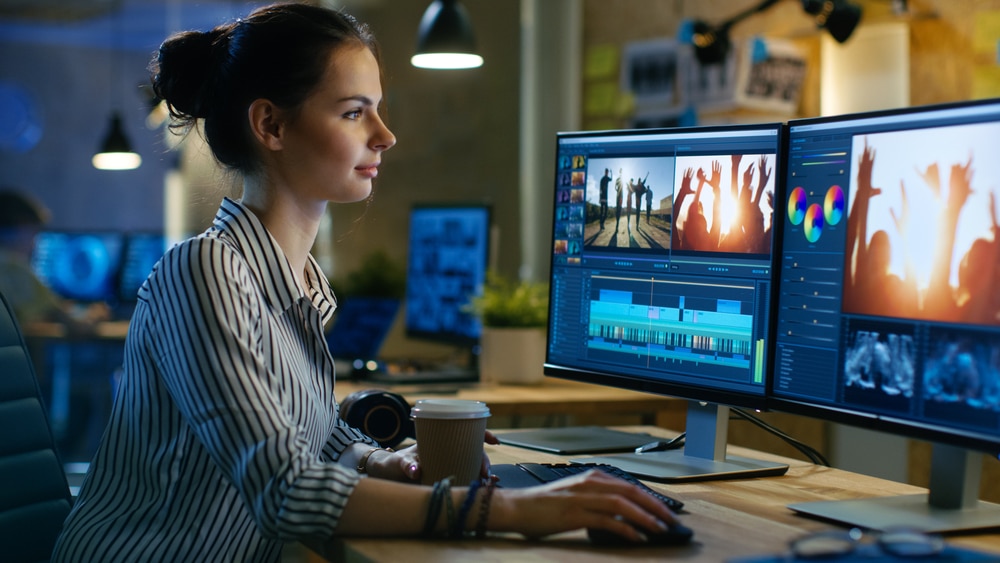 Female freelance video editor